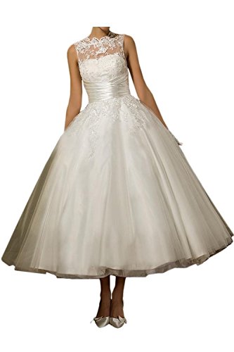 Vestido de boda Lydiags, para mujer, de encaje, sin mangas, longitud media Blanco blanco 48